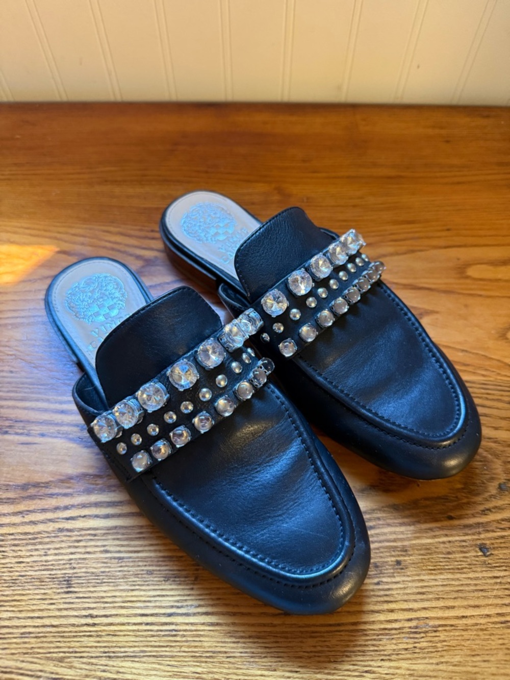 Vince Camuto Torlissi Jewels Black Leather Slip-On Mules
